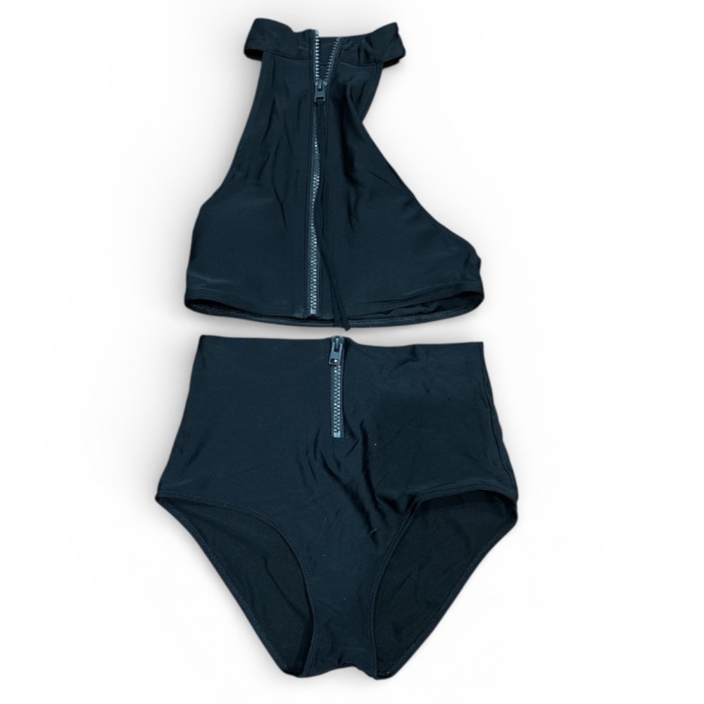 Aerie Black High Neck High Waist Zipper Bikini Set